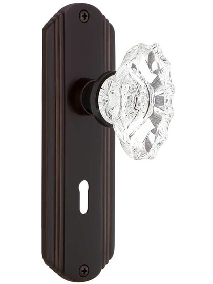 Streamline Deco Mortise-Lock Set with Chateau Crystal Glass Knobs in Timeless Bronze.